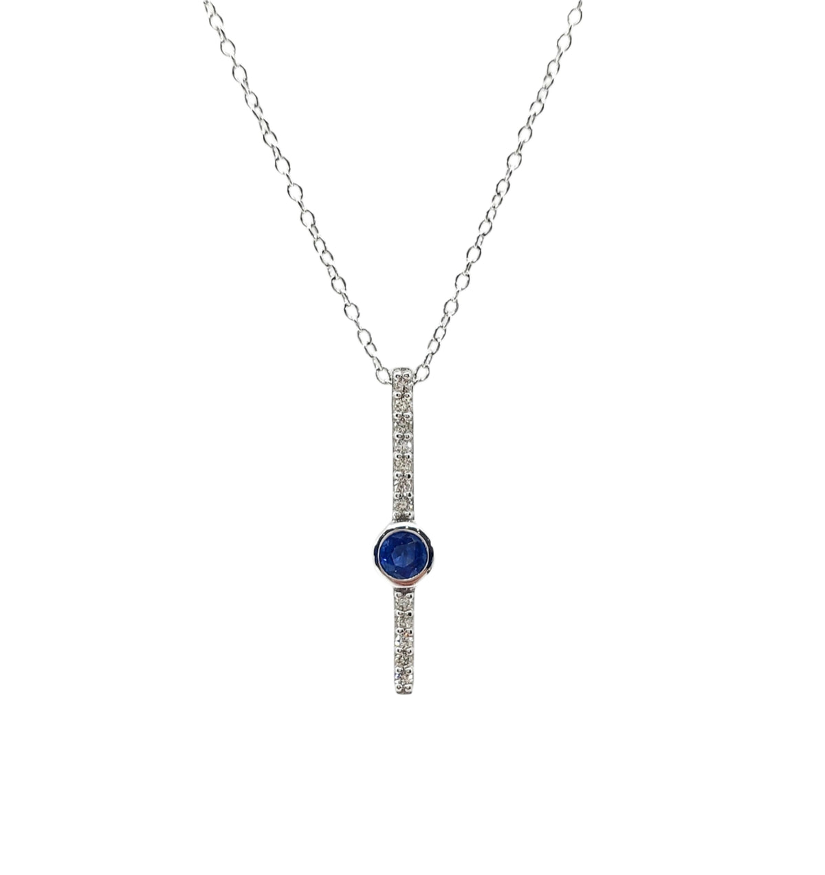 10K White Gold 0.08cttw (2.50mm) Sapphire and 0.05cttw Diamond Necklace with Cable Chain (Spring Clasp) - Adjustable 17 - 18 Inches