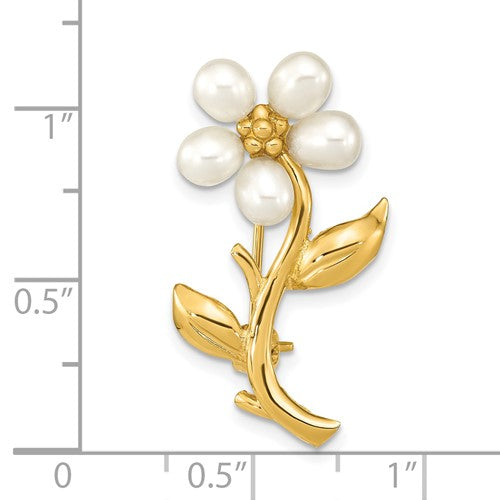 14K 4-5mm Rice White Fresh Water Cultured Pearl Flower Brooch