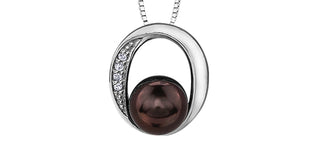 10K White Gold Cultured Color Enhanced Black Pearl and 0.01cttw Diamond Pendant, 18"