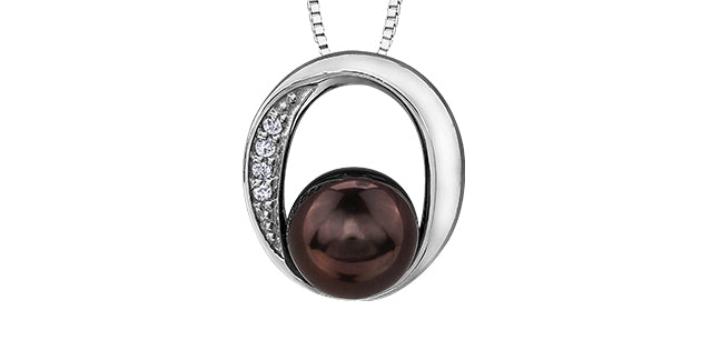10K White Gold Cultured Color Enhanced Black Pearl and 0.01cttw Diamond Pendant, 18&quot;
