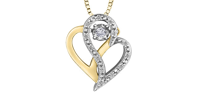 Colgante de doble corazón con diamantes de 0,10 quilates en oro blanco y amarillo de 10 quilates, 18&quot;