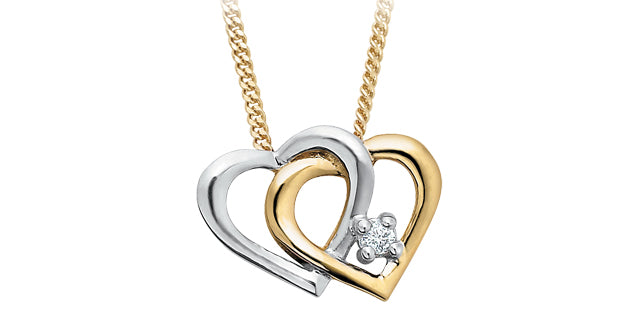Colgante de doble corazón con diamantes de 0,01 quilates en oro blanco y amarillo de 10 quilates, 18&quot;