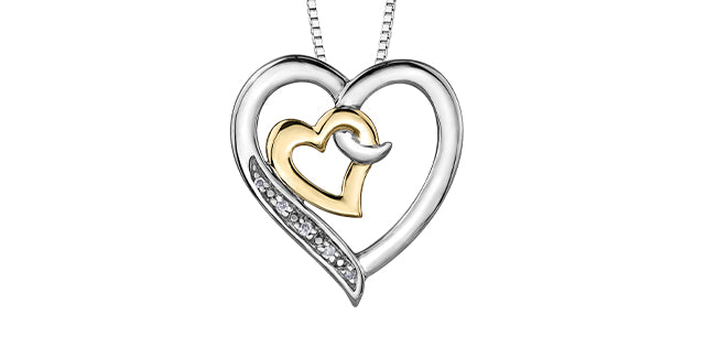 Colgante de doble corazón con diamantes de 0,02 quilates en plata de ley y oro amarillo de 10 quilates, 18&quot;