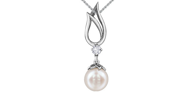 10K White Gold 7mm Cultured Pearl and 0.085cttw Canadian Diamond Dangle Pendant