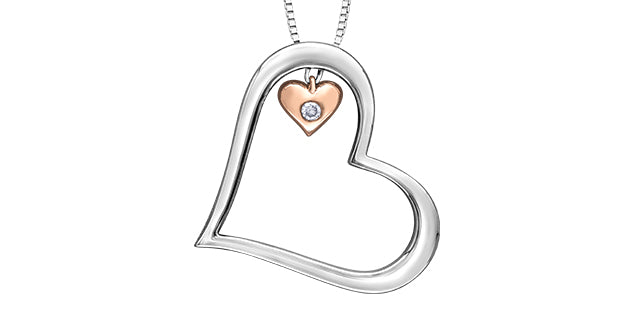 Sterling Silver &amp; 10K Rose Gold 0.02cttw Diamond Double Heart Pendant, 18&quot;