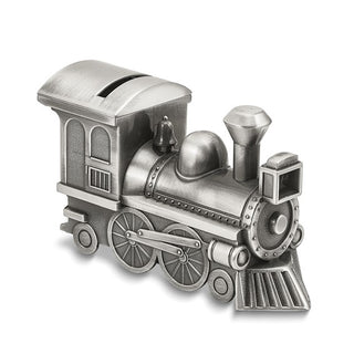 Metallic train-shaped piggy bank on a white background