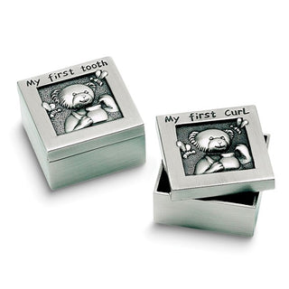 Two silver keepsake boxes with teddy bear designs and text on a white background