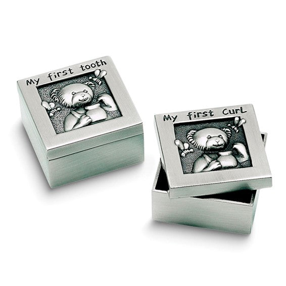 Two silver keepsake boxes with teddy bear designs and text on a white background