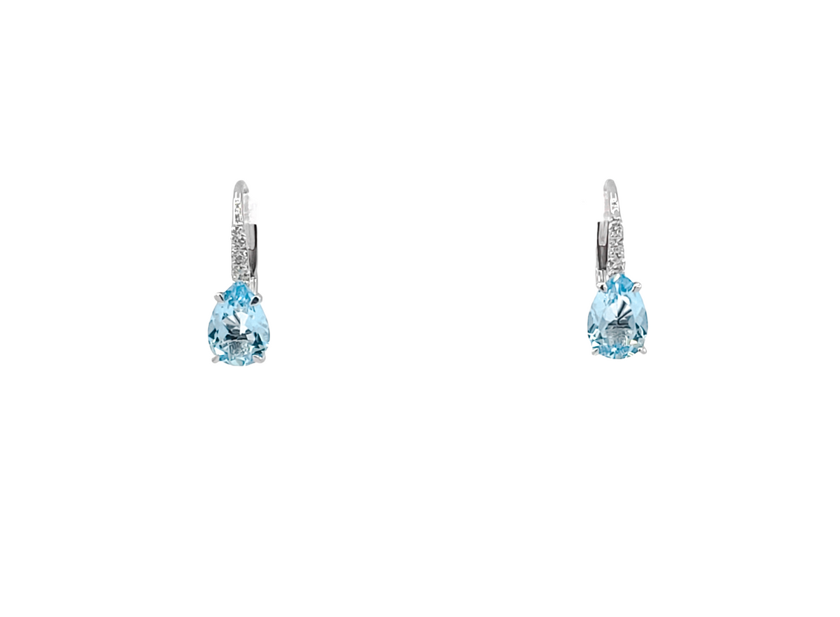 10K White Gold 7x5mm Pear Cut Swiss Blue Topaz and 0.065cttw Diamond Dangle Earrings