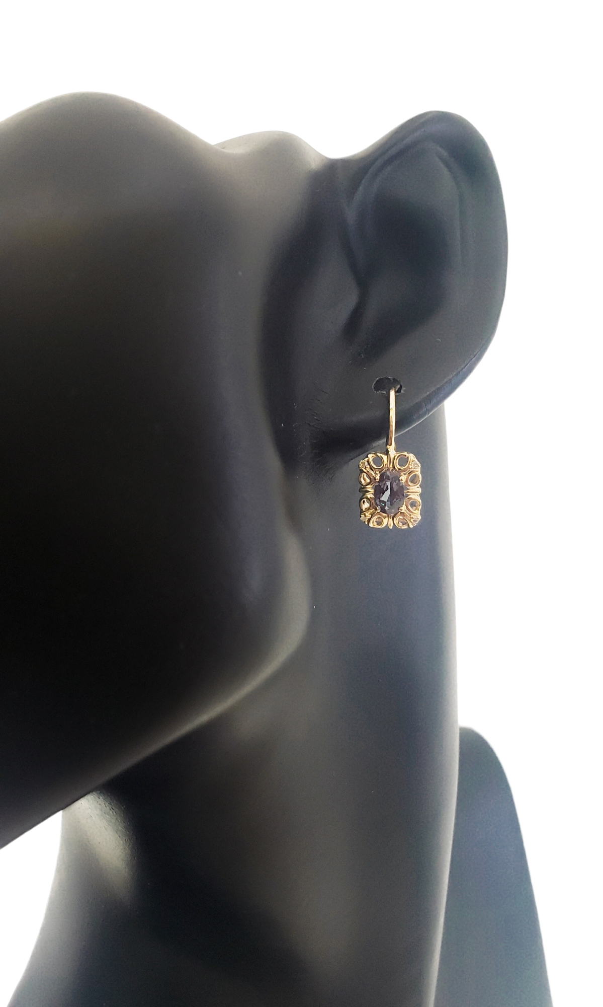 10K Gold 6x4mm Oval Cut Created Alexandrite and 0.045cttw Diamond Dangle Earrings with Euro Backs