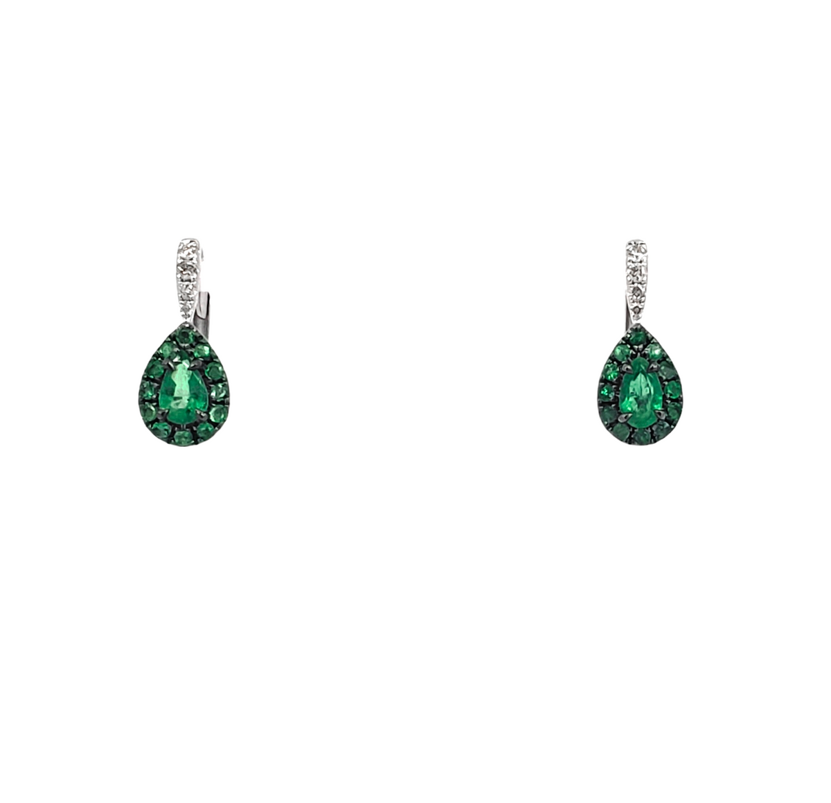 10K White Gold 0.60cttw Emerald and 0.06cttw Diamond Halo Lever Back Earrings