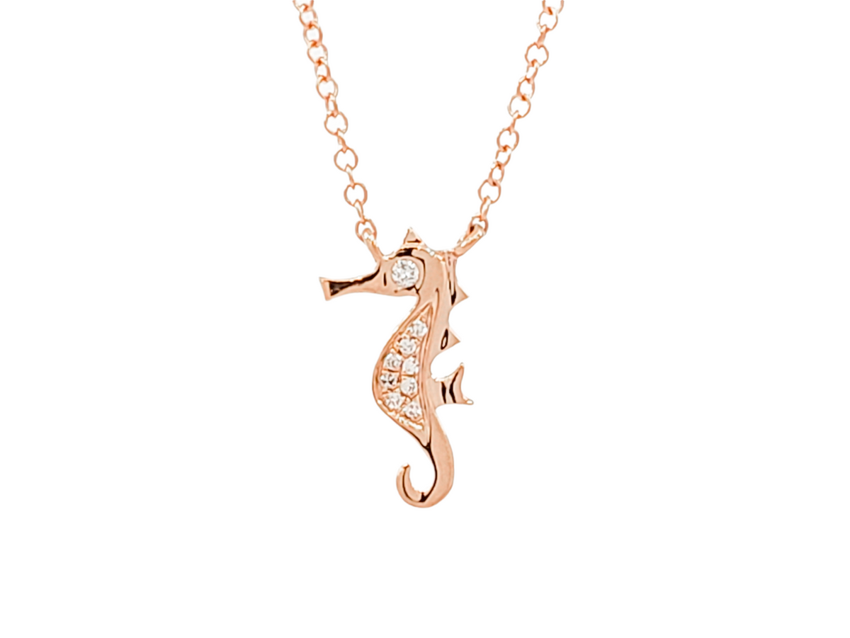 14K Rose Gold 0.03cttw Diamond Seahorse Pendant, 18&quot;