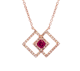 Collar de diamantes y rubíes en oro rosa de 14 quilates, 18 "
