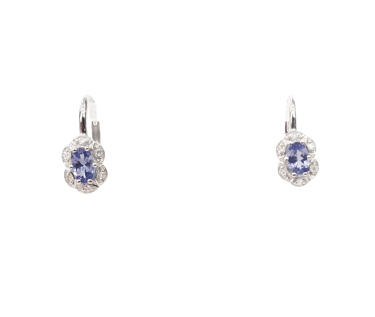 10K White Gold Tanzanite and Diamond Earrings with Lever Backs