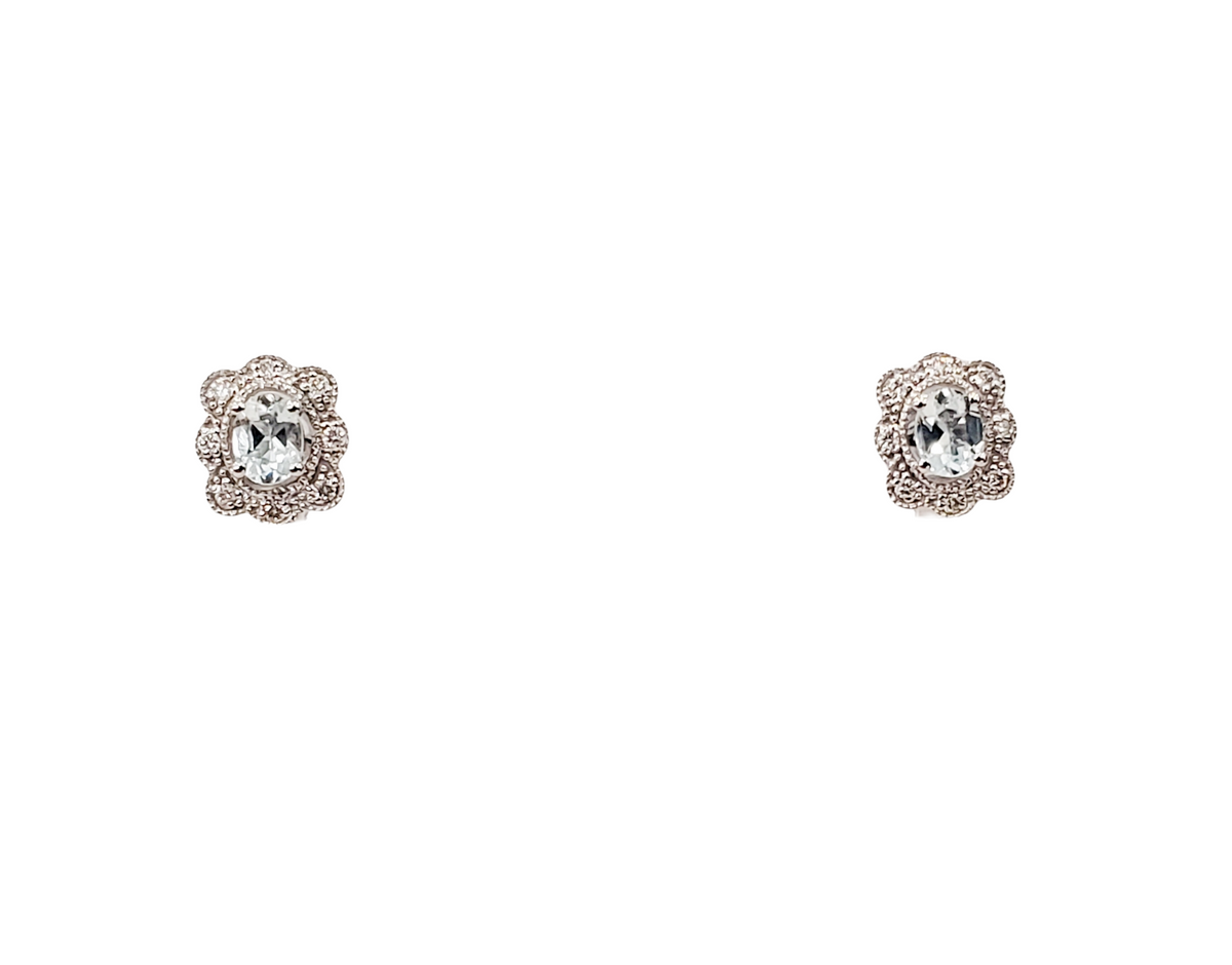 10K White Gold 0.30cttw Aquamarine and 0.053cttw Diamond Halo Earrings