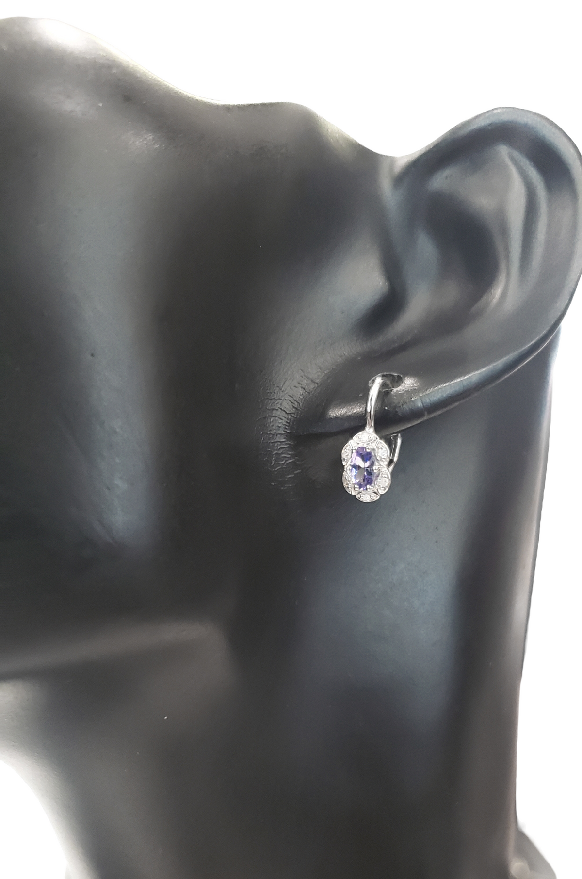 10K White Gold Tanzanite and Diamond Earrings with Lever Backs
