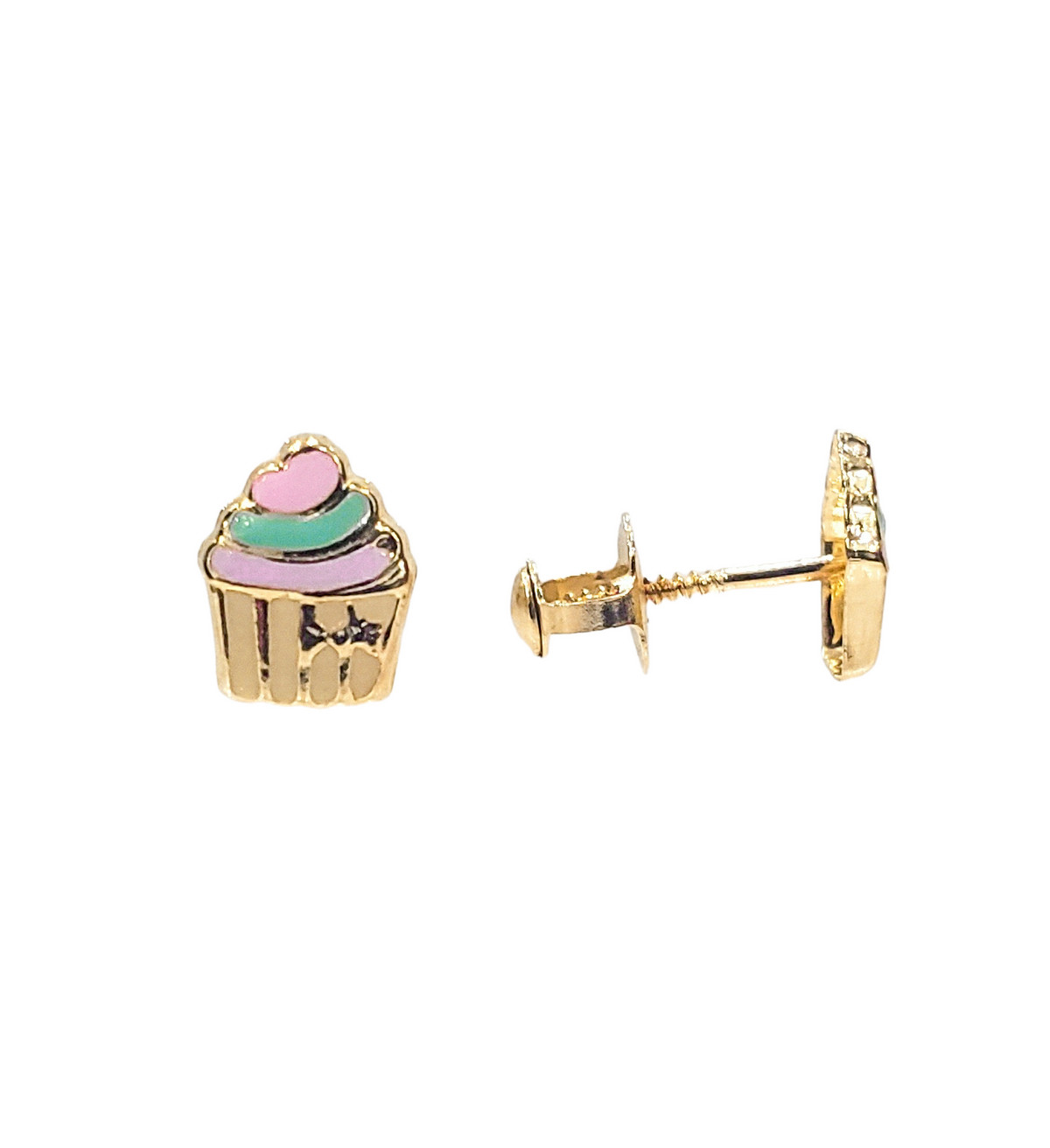 10K Yellow Gold Cupcake Enamel Earrings with Screw Backs