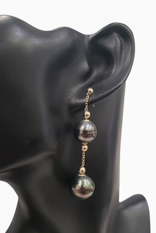 Pendiente colgante de perlas de Tahití de 12,5 a 14 mm de oro amarillo de 14 quilates