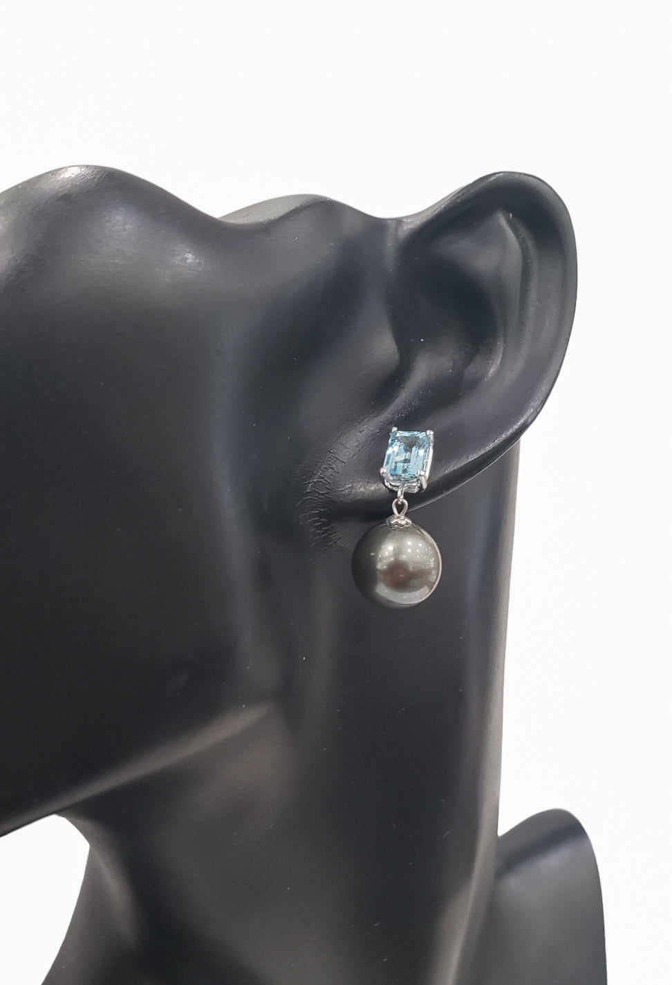 14K White Gold Tahitian Pearl and Aquamarine Dangle Earrings with Butterfly Back Closure