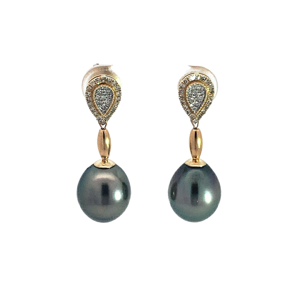 14K Yellow Gold Tahitian Pearl and Diamond Dangle Earrings with Butterfly Back Closure