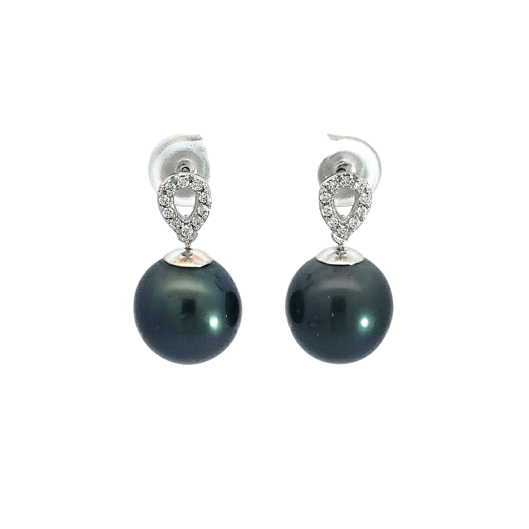 14K White Gold Tahitian Pearl and Diamond Dangle Earrings with Butterfly Back Closure