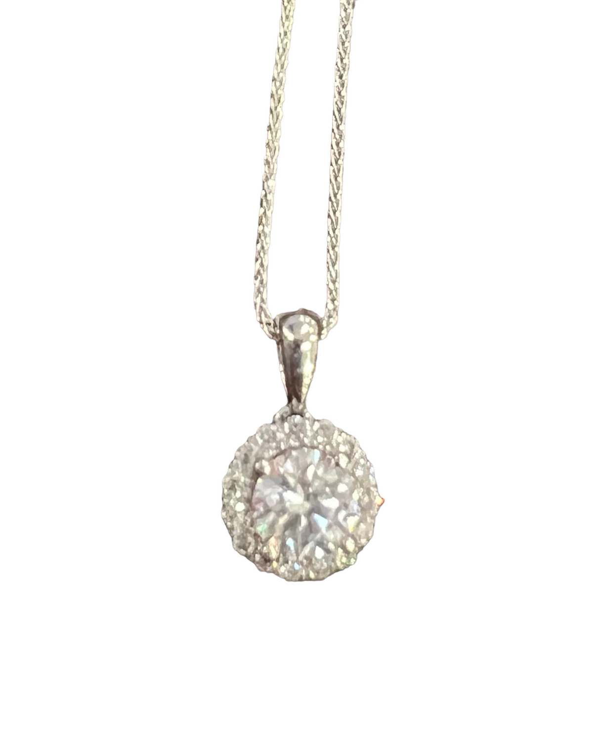 14K White Gold 0.86cttw Lab Grown Diamond Halo Necklace with Wheat Chain