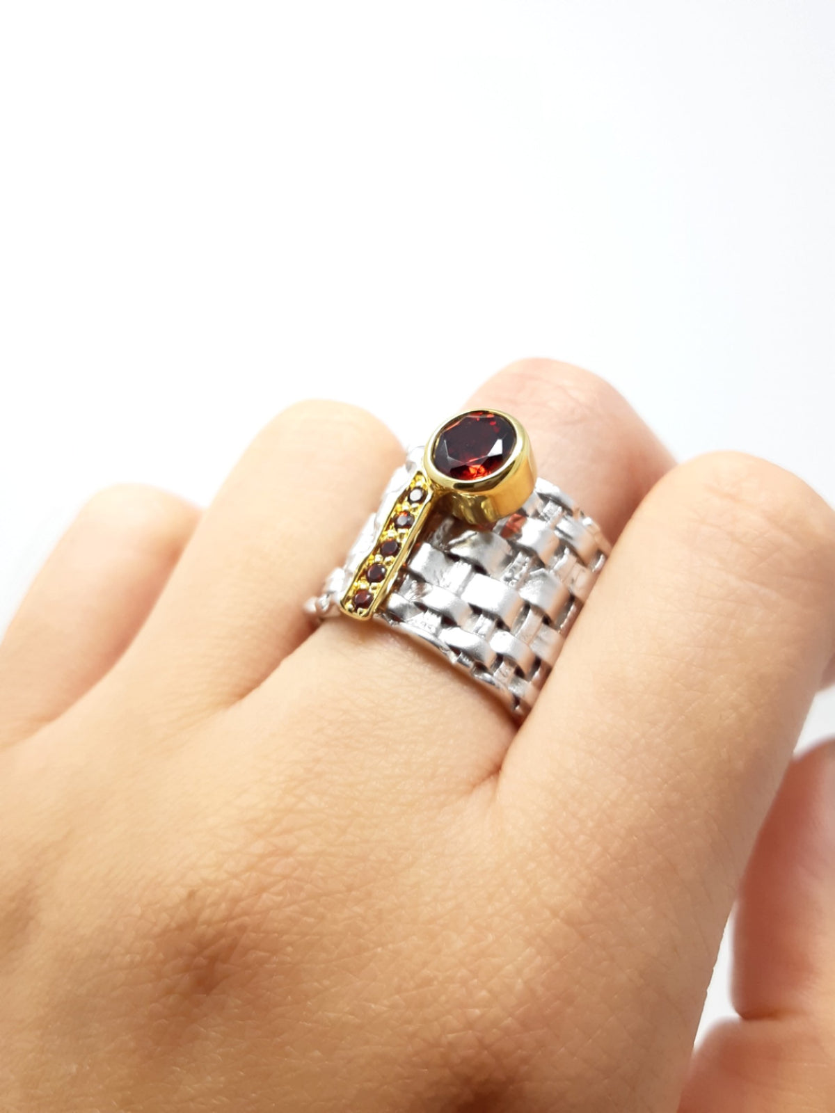 2 Tone Silver &amp; Gold Plated Garnet Ring, size 8
