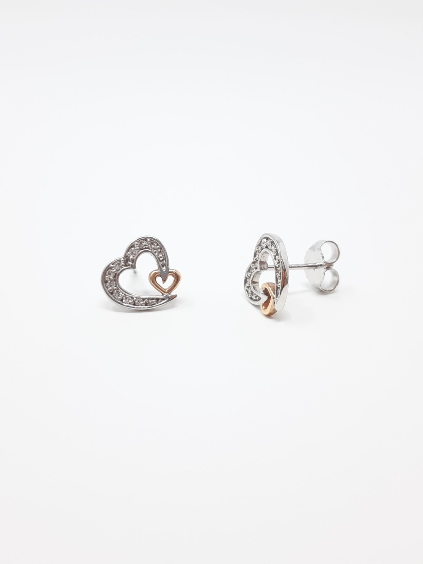 10K White & Rose Gold 0.12cttw Diamond Heart Stud Earrings