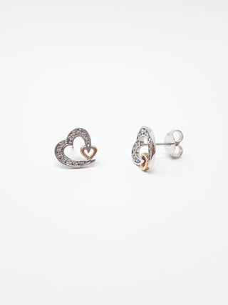 10K White & Rose Gold 0.12cttw Diamond Heart Stud Earrings