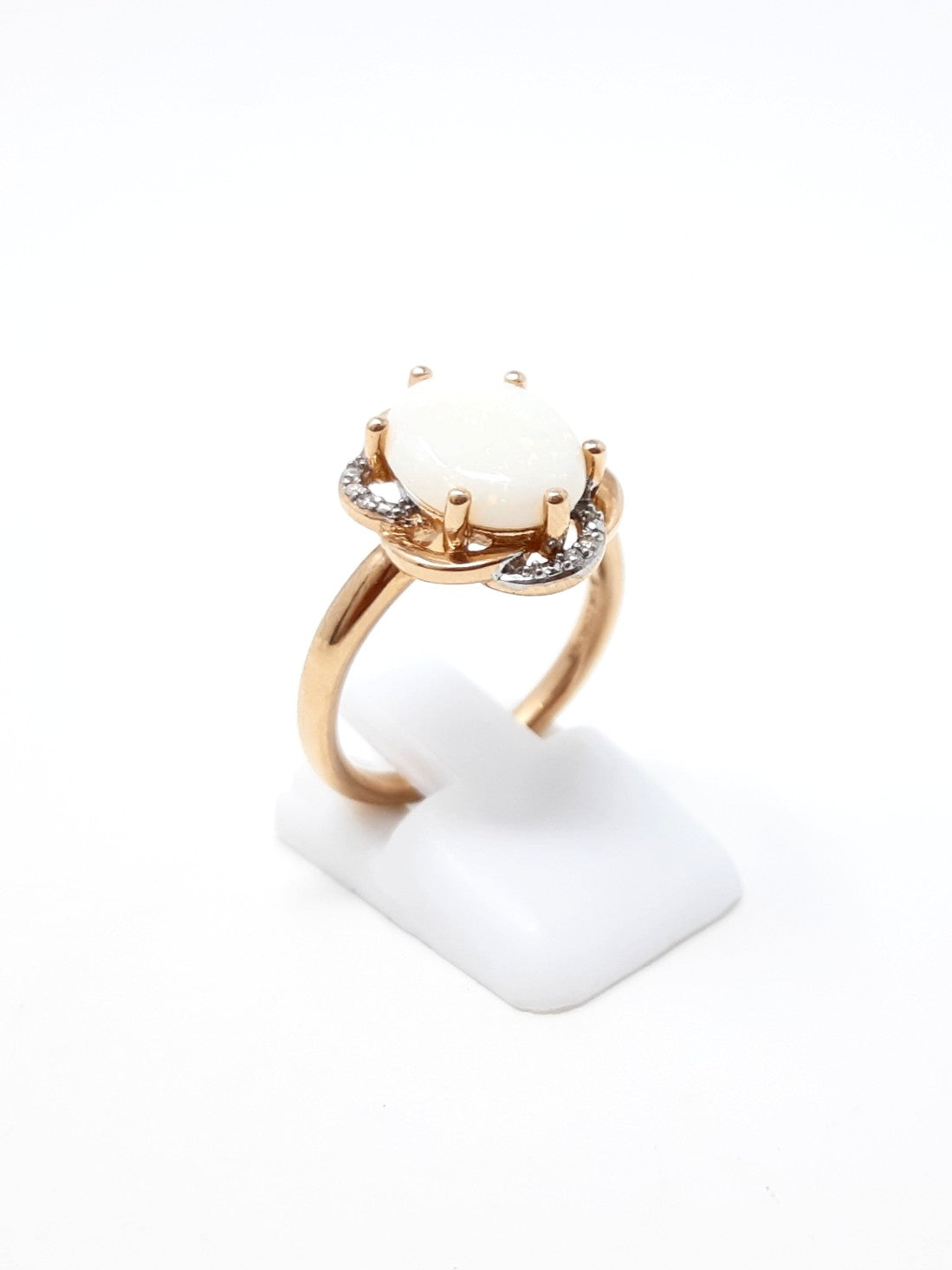 10K Rose Gold 2.0cttw Genuine White Opal and 0.03cttw Diamond Halo Ring, size 6.5