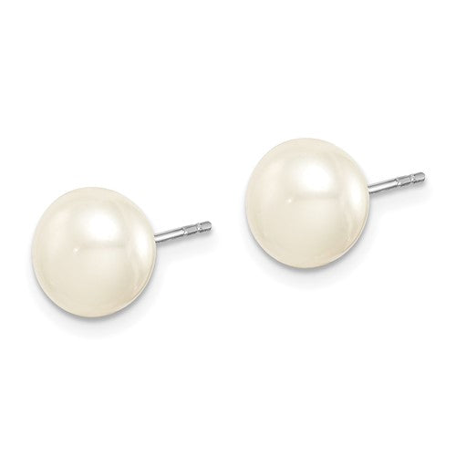 Sterling Silver Rhodium Plated 8-9mm Fresh Water Cultured Pearl Button Stud Earring Set