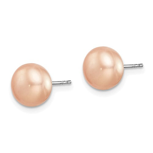 Sterling Silver Rhodium Plated 8-9mm Fresh Water Cultured Pearl Button Stud Earring Set