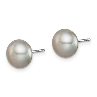 Juego de aretes con botón de perlas cultivadas de agua dulce de 8 a 9 mm, chapados en rodio, de plata de ley