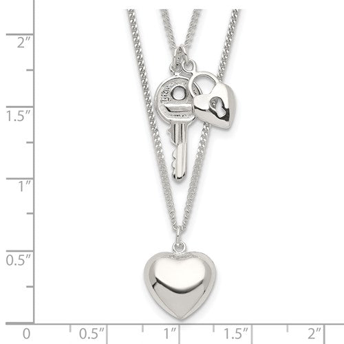 Sterling Silver 2-Strand Heart and Key Necklace - 18&quot;