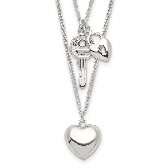 Sterling Silver 2-Strand Heart and Key Necklace - 18&quot;