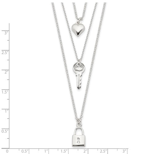 Sterling Silver Lock, Heart and Key Multi-Strand 16in Necklace - 16&quot;