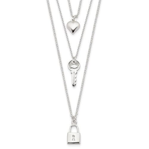 Sterling Silver Lock, Heart and Key Multi-Strand 16in Necklace - 16&quot;