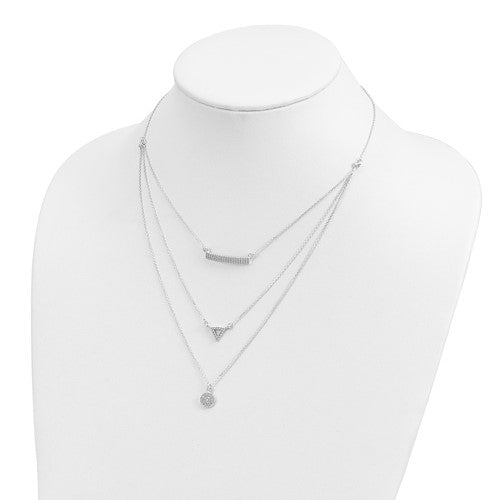 Sterling Silver CZ Circle Triangle and Bar 3-Strand Necklace - 16&quot;