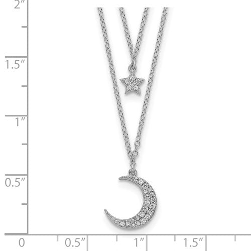 Sterling Silver Rhodium Plated CZ Star and Moon 2in ext 2-strand Necklace - 16&quot;