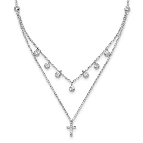 Cruz de circonita cúbica chapada en rodio de plata de ley con extensión de 2 pulgadas. Collar - 16-18&quot; 