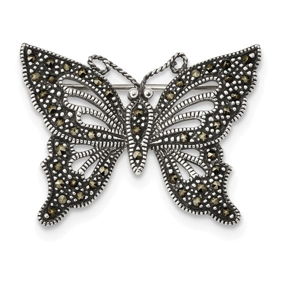 Sterling Silver Antiqued Marcasite Butterfly Pin Brooch