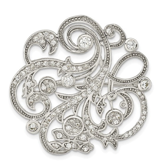 Sterling Silver Polished Cubic Zirconia Filigree Floral Vintage Style Pin Brooch