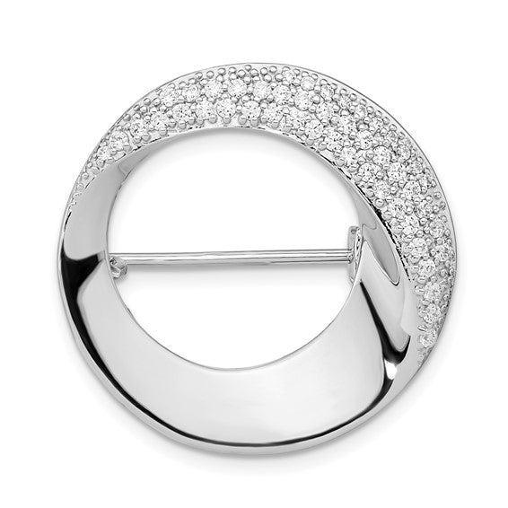 Sterling Silver Rhodium-plated Polished Cubic Zirconia Circle Pin Brooch