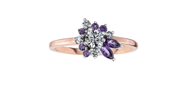 14K Rose Gold Amethyst and Canadian Diamond Ring, size 6