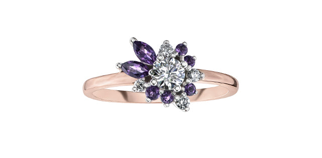 14K Rose Gold Amethyst and Canadian Diamond Ring, size 6