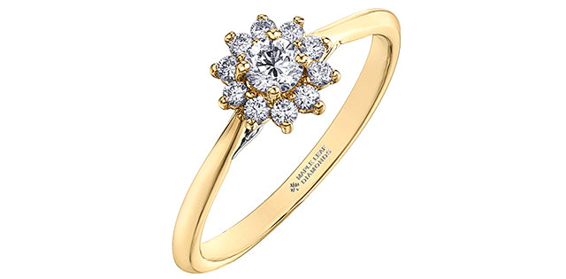 Anillo de compromiso con halo de diamantes canadienses de talla brillante redonda de 0,35 quilates en oro amarillo de 14 quilates
