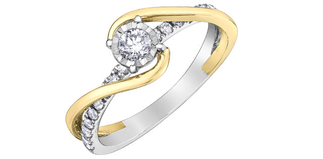 Anillo de compromiso de diamantes redondos de talla brillante de 0,36 quilates en oro blanco y amarillo de 10 quilates, tamaño 6,5