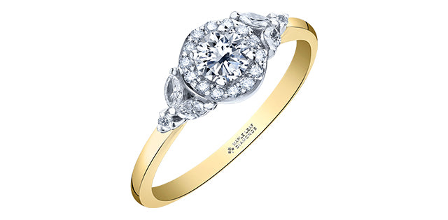Anillo de compromiso con halo de diamantes canadienses de talla brillante redonda de 0,52 quilates en oro amarillo de 14 quilates