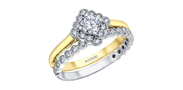 Anillo de compromiso de diamantes canadienses de talla brillante redonda de 0,44 quilates en oro amarillo de 14 quilates