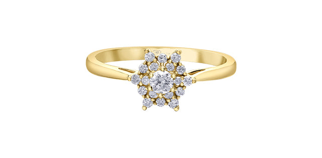 Gold ring with a diamond flower-shaped center on a white background